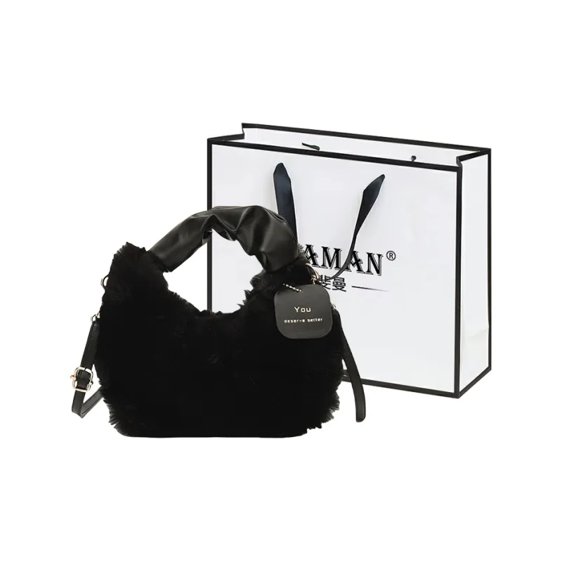 FAMAN Plush Shoulder Bag, Crossbody Bag, Handbag Regular Women's Pink/Black/Coffee/Khaki/Ecru-12