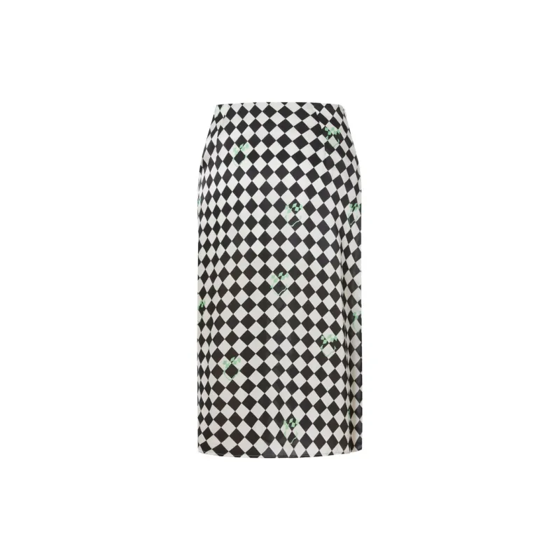 MOCO Casual Long Skirts Women's Black White Checkerboard-1