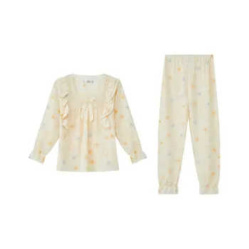 Sleep Loungewear Long-Sleeved Pants Pajama Set Dormitory Home Outerwear-Ready Women's Yellow Five-pointed Star