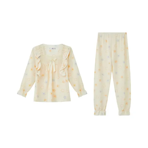 Sleep Loungewear Long Sleeved Pants Pajama Set Dormitory Home Outerwear Ready Women's Yellow Five pointed Star