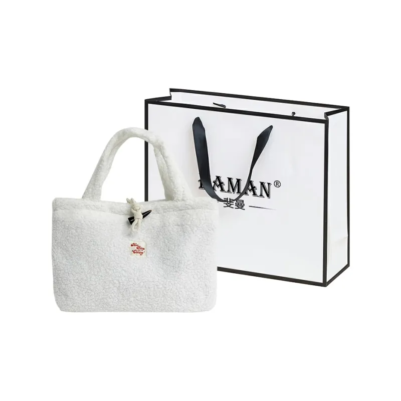 FAMAN Lamb's Wool Fabric Tote Bag Shopping Bag Crossbody Handbag Women's Khaki/White/Coffee-4