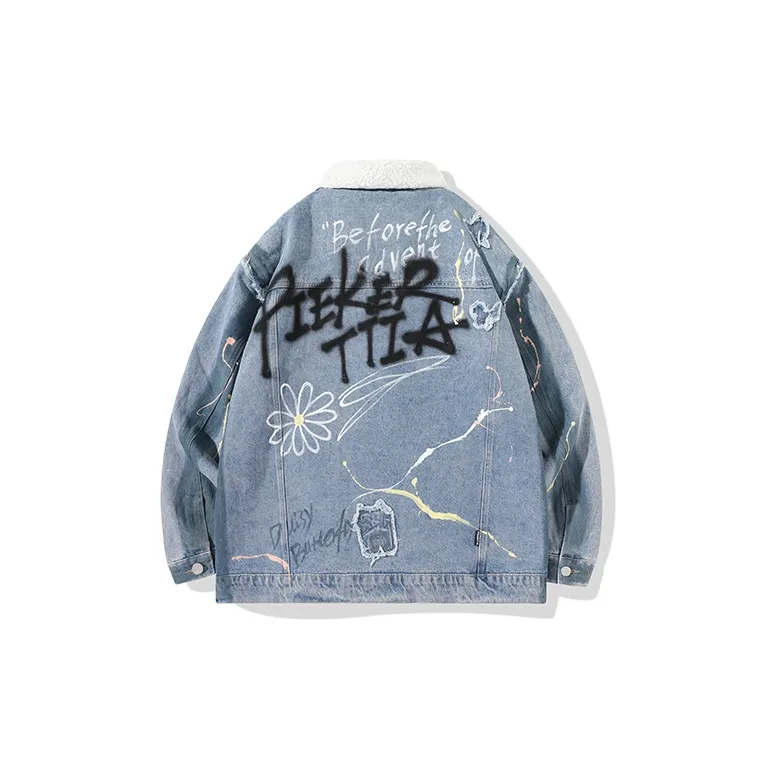 LAMLICKA Letter Lapel Loose Fit Thickened Puffer Jacket Unisex Blue-1