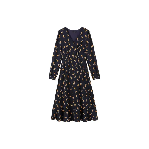 Luxury Long-Sleeved Dresses Women's Blue Background With Yellow Flowers