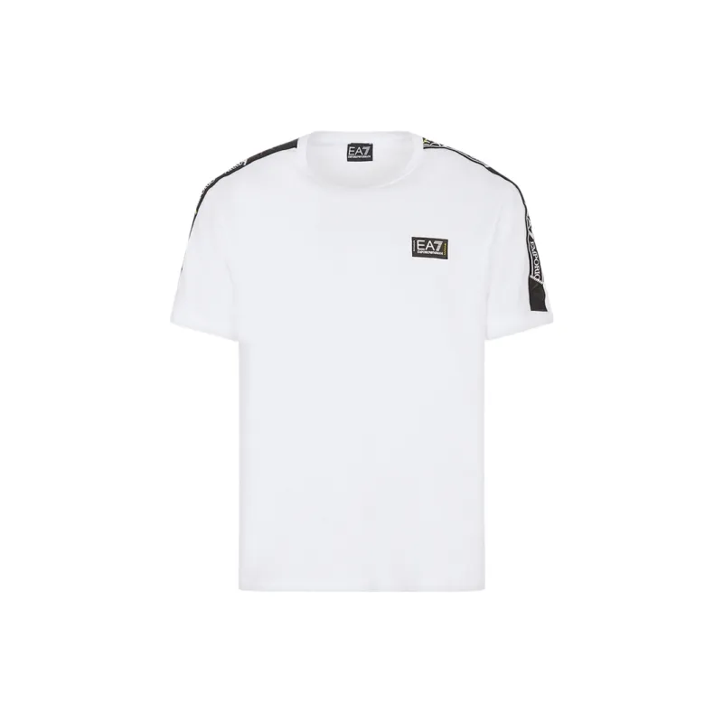 EMPORIO ARMANI SS23EA7 Color Block Decorative Ribbon Cotton Crew Neck Short Sleeved Shirt T Shirt Men's White-0
