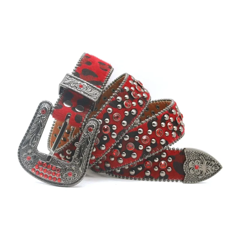 Emperor Penguin Punk Western Pin Buckle Jeans With Rhinestone Studs Leather Belts Women's Width 3.5CM-4
