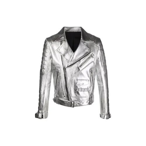 BALMAIN Leather Jackets Men Silver