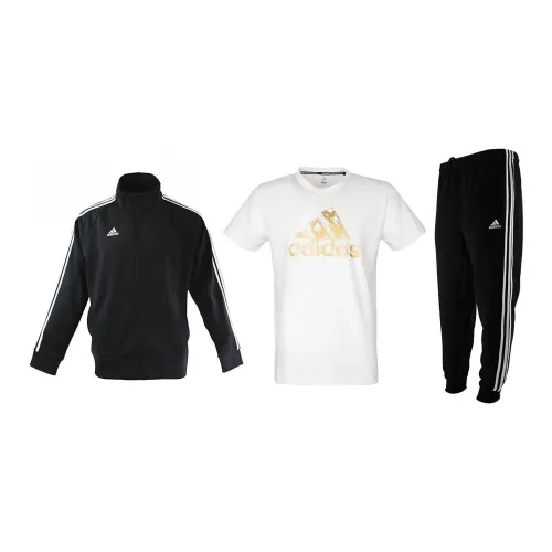 Adidas Casual Sportswear Men Set Black Base With White Stripes Coats+White Gold T-Shirts+Black Pants