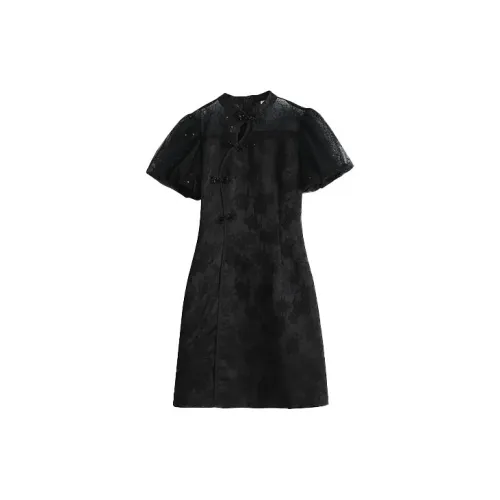 HUULOB Short-Sleeved Dresses Women's Black