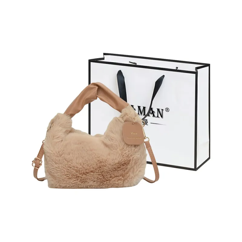 FAMAN Plush Shoulder Bag, Crossbody Bag, Handbag Regular Women's Pink/Black/Coffee/Khaki/Ecru-6