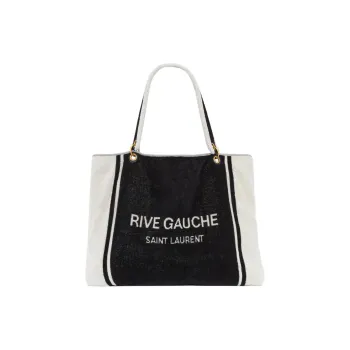 SAINT LAURENT Rive Gauche Sheepskin Fabric Tote Bag Shopping Bag Handbag Women's Black & White