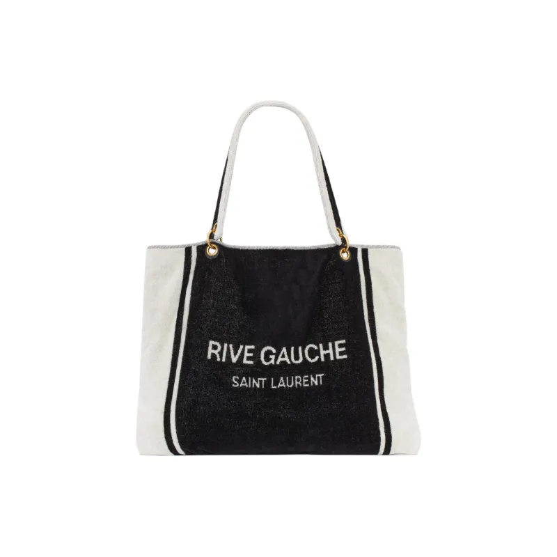 SAINT LAURENT Rive Gauche Sheepskin Fabric Tote Bag Shopping Bag Handbag Women's Black & White-0