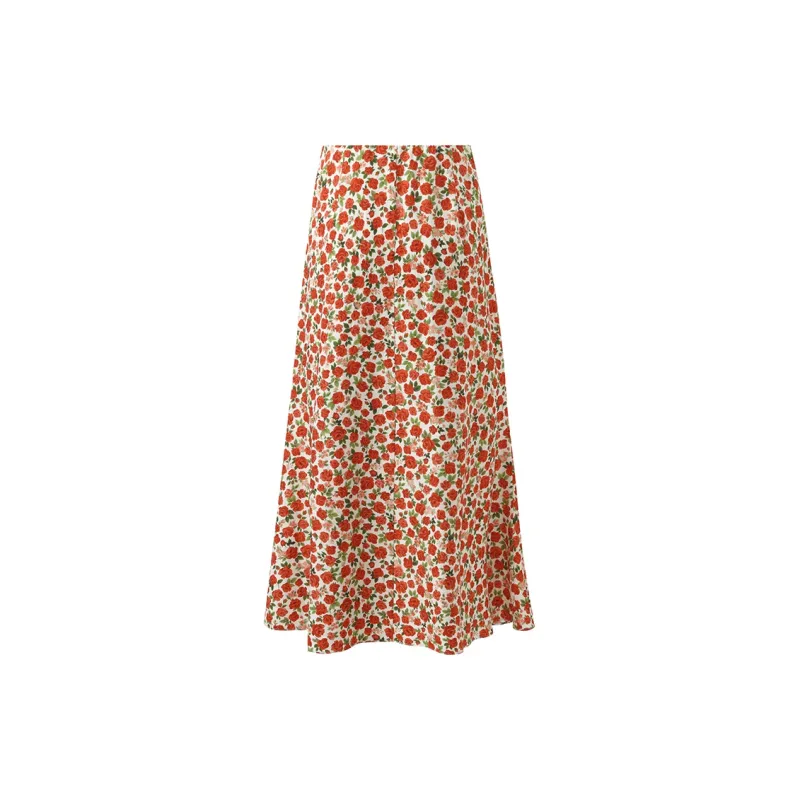 GOELIA Casual Long Skirt Women's Red Rose Print-1