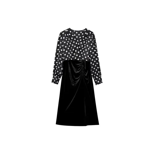 Yu Qianwen Long-Sleeved Dresses Women's Black Polka Dot