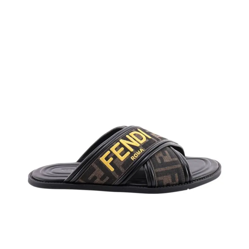 FENDI FF Motif Fabric Slide 'Embroidered Logo - Tobacco'-1