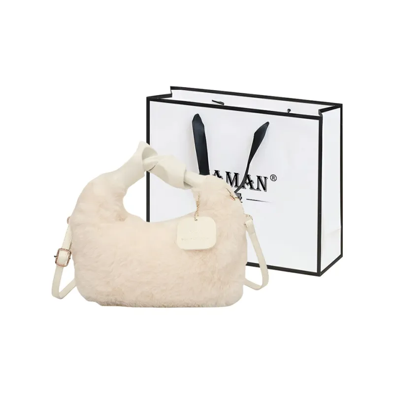 FAMAN Plush Shoulder Bag, Crossbody Bag, Handbag Regular Women's Pink/Black/Coffee/Khaki/Ecru-18