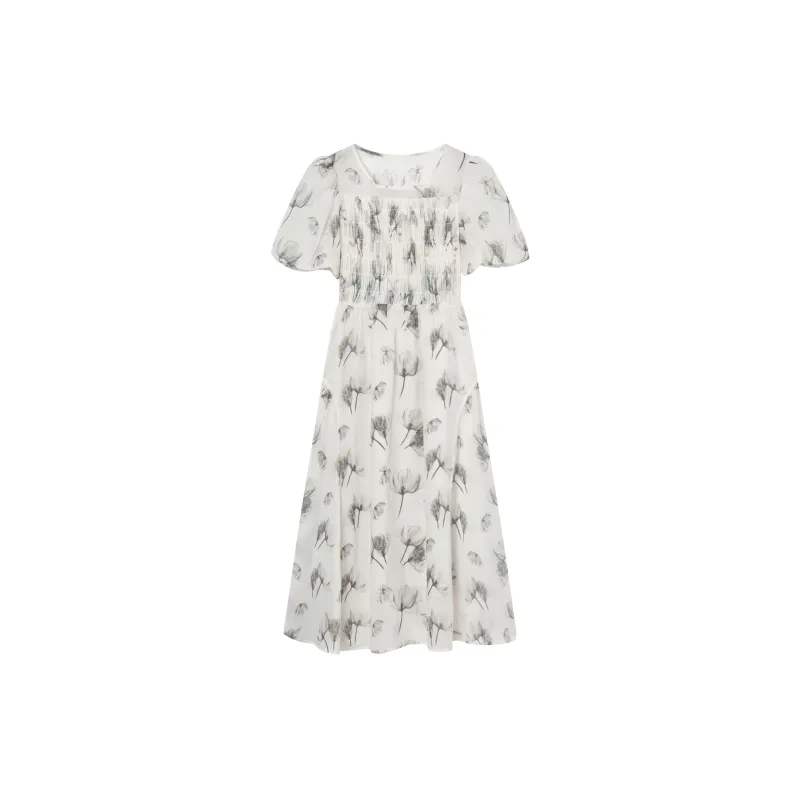 DIALOGUE Short Sleeved Dresses Women's Beige Apricot With Floral Print-1