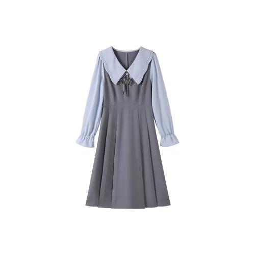 Luxury Long-Sleeved Dresses Women's Gray Light Blue