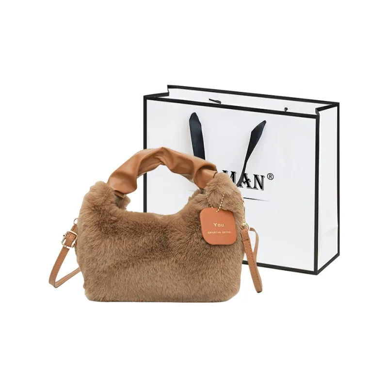 FAMAN Plush Shoulder Bag, Crossbody Bag, Handbag Regular Women's Pink/Black/Coffee/Khaki/Ecru-23