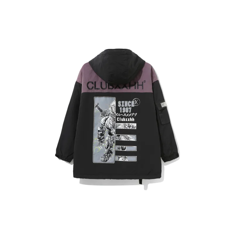Clubxxhh Cartoon Hand-Drawn Hooded Loose Fit Thickened Puffer Jacket Unisex Black-1