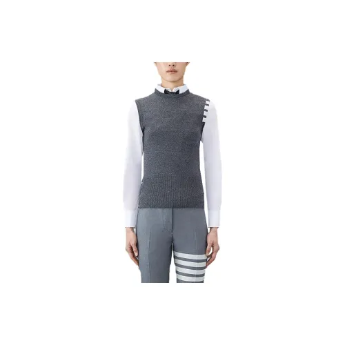 THOM BROWNE Sleeveless Crew Neck Shell Top With 4-Bar Stripe In Medium Grey Cashmere