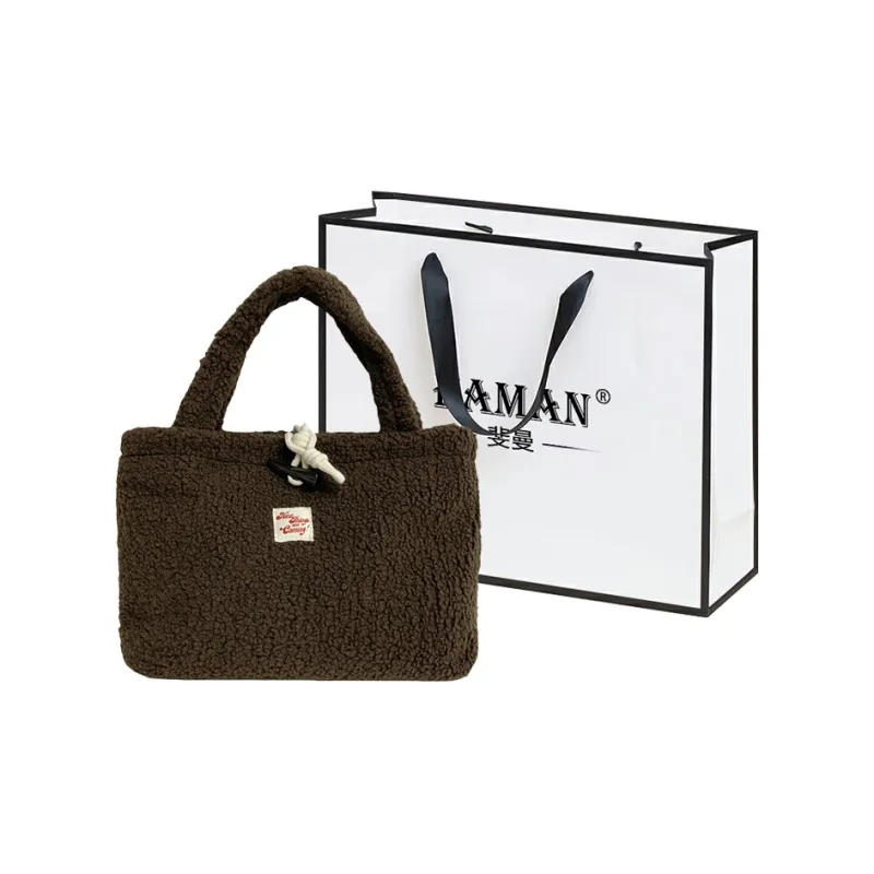 FAMAN Lamb's Wool Fabric Tote Bag Shopping Bag Crossbody Handbag Women's Khaki/White/Coffee-10