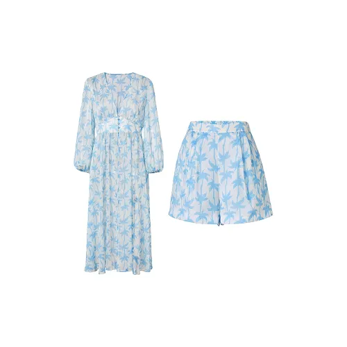 BADINA Two Piece Skirt Sets Women's Blue/White Floral