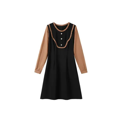 Luxury Long-Sleeved Dresses Women's Black Color Blocking Coffee