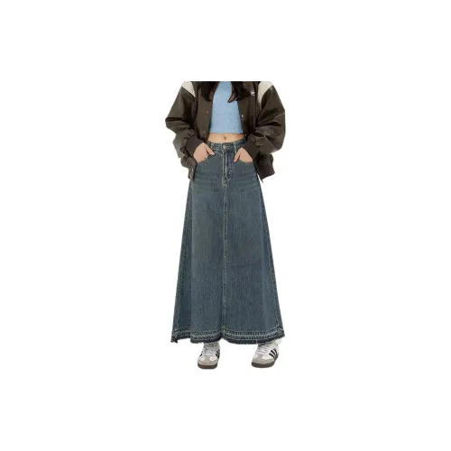 Weixi Denim Long Skirts Women's Vintage Blue