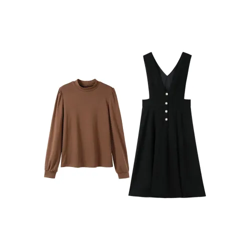 Luxury Two Piece Skirt Sets Women's Coffee Tops+Black Skirt