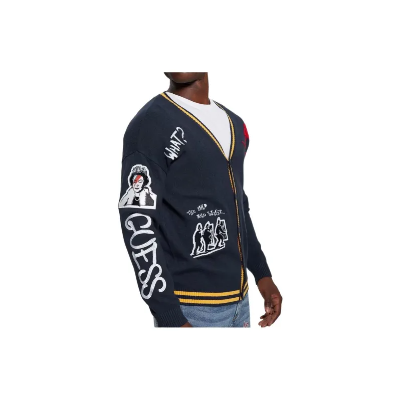 GUESS Graffiti Patch Cardigan Knitwear Men's Marine Blue-3