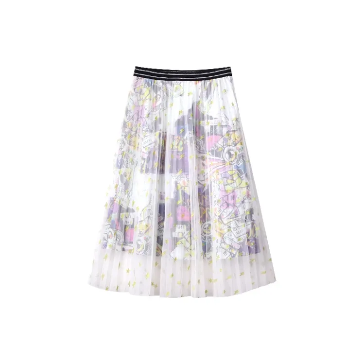 HIPPIEMISS Casual Long Skirts Women's White Green-1