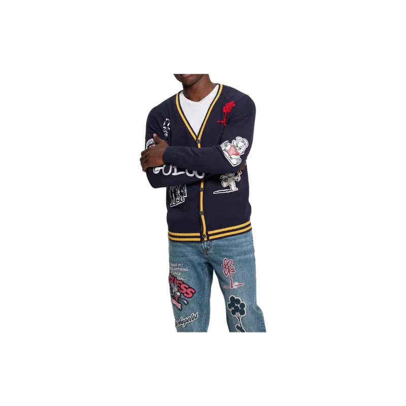 GUESS Graffiti Patch Cardigan Knitwear Men's Marine Blue-1