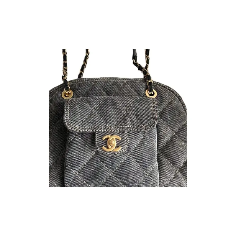 CHANEL Denim One Shoulder Handbag Trumpets Women's Gray-3