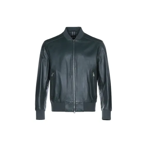 HUGO BOSS Leather Jackets Men Dark Green