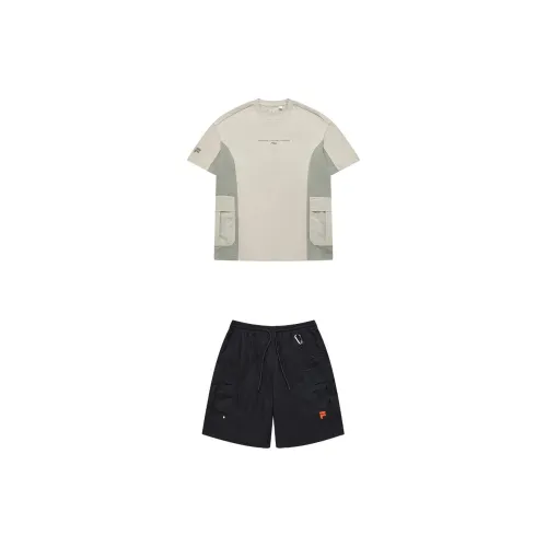 FILA FUSION URBAN TECH Casual Sportswear Men Set Oatmeal Short-Sleeved Top+Jet Black Knee-Length Pants