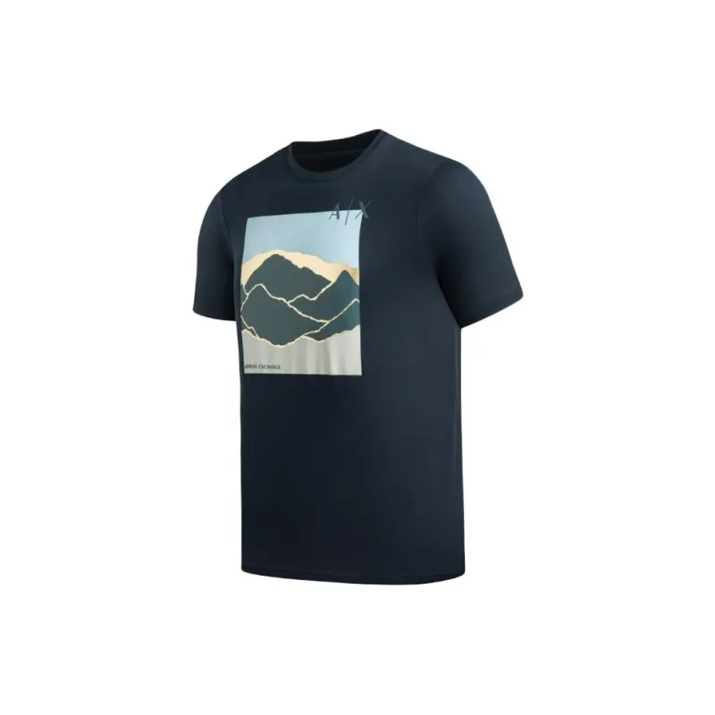 ARMANI EXCHANGE Letter Pattern Print Crew Neck Pullover Short Sleeved T Shirt Men's Marine Blue-2