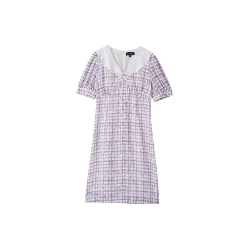 OUNIXUE Short-Sleeved Dresses Women's Purple Plaid