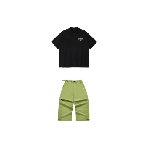 FILA FUSION Casual Sportswear Men Set Jet Black Tops+Lizard Green Pants