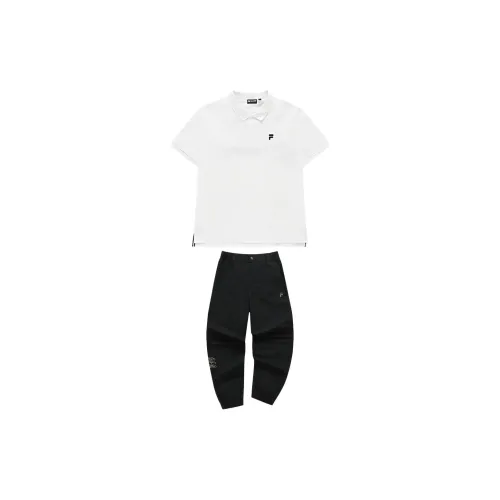 FILA FUSION Casual Sportswear Men Standard White Polo Shirts+Jet Black Pants