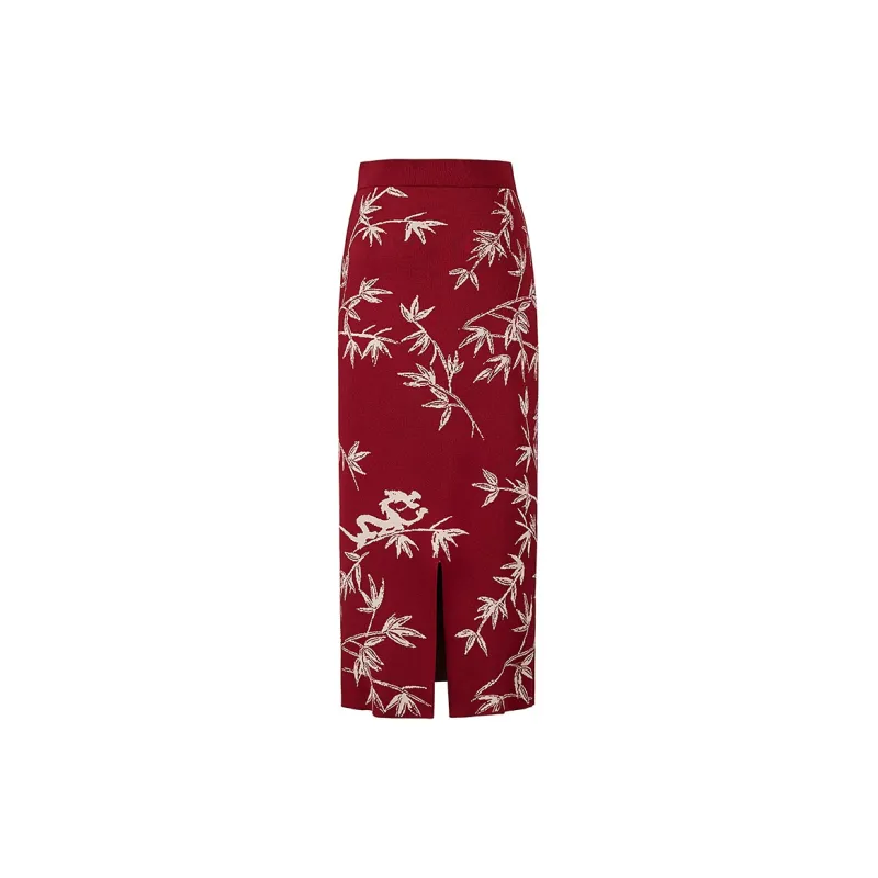 Cypress House Casual Long Skirt Women's Red Base With Ginkgo Leaf Print-1