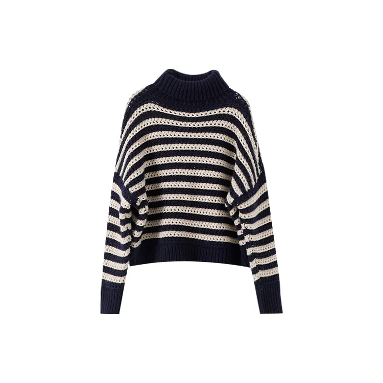 YUMOMO STAR Sweater Women's Navy Blue With White Stripes-1