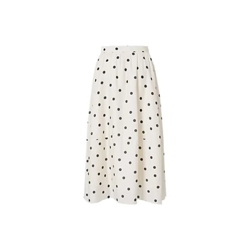 HUULOB Casual Long Skirts Women's White With Black Polka Dot-1