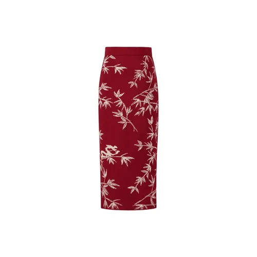 Cypress House Casual Long Skirts Women's Red Background Ginkgo Leaf