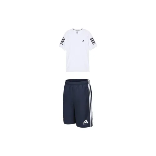 Adidas Casual Sportswear Men Set White Short-Sleeved+Dark Blue Shorts