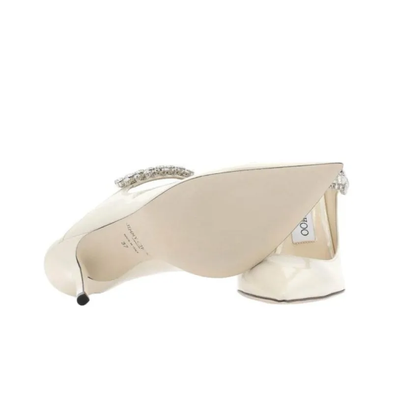 Jimmy Choo Linen White Bing 100 Crystal Anklet Patent Leather Mules-4