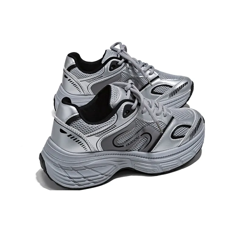 HUANQIU Anti Slip Wear Resistant Low Top Chunky Sneakers Women's Silver Gray-2