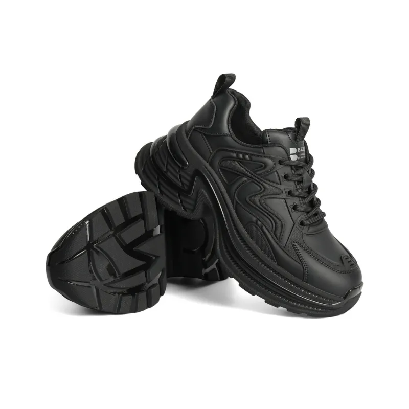 BELLE Anti Slip Wear Resistant Low Top Chunky Sneakers Women's Beige, Black-4