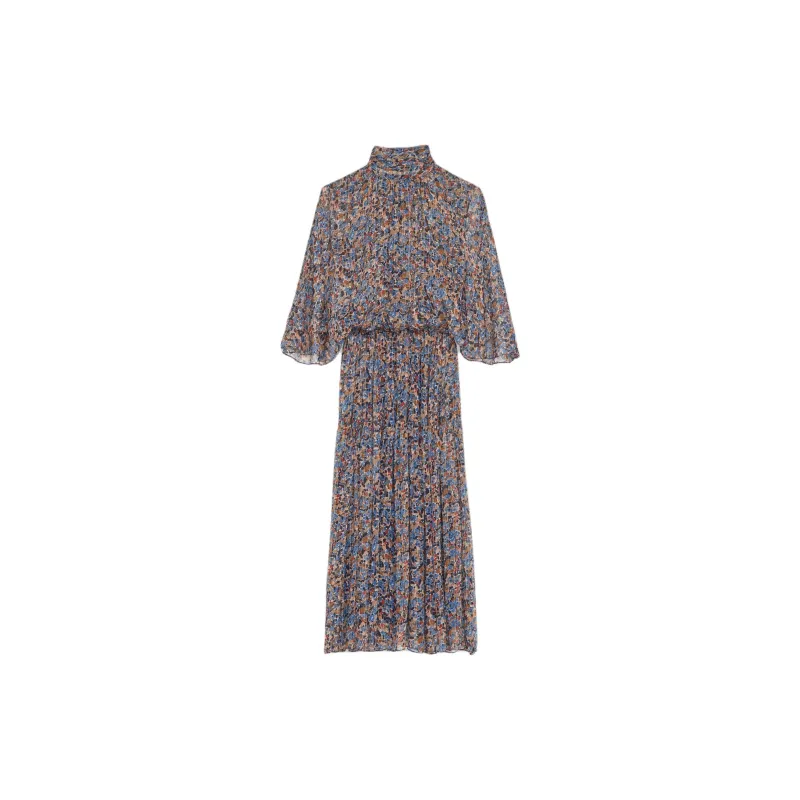 CELINE Lavaliere Dress In Printed Silk Lamé Long Sleeved Dress Women's Multicolor-1