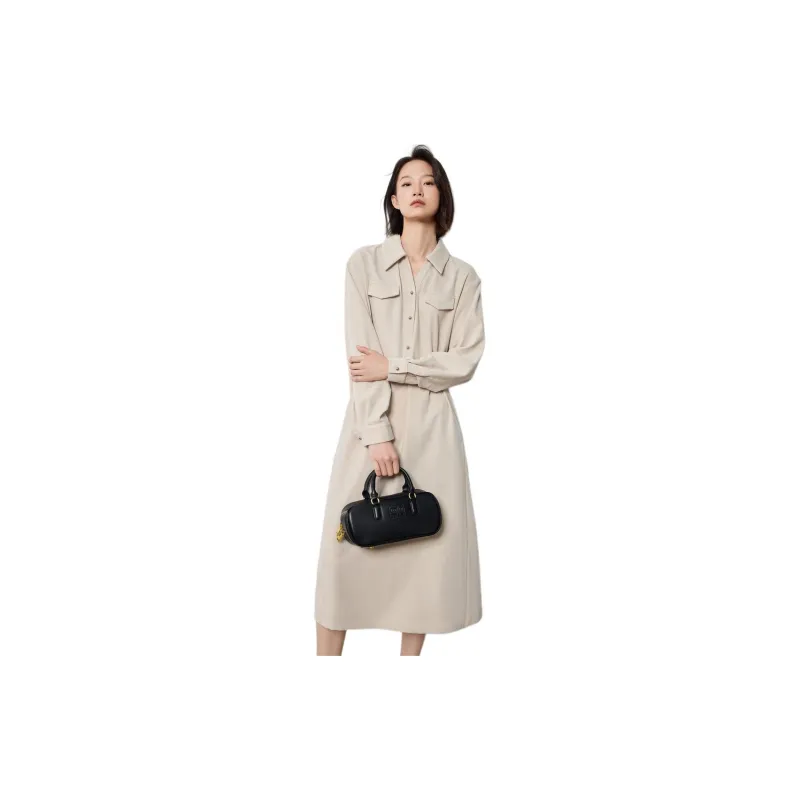 Initial Language Long Sleeved Dresses Women's Apricot-1