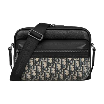 DIOR Oblique Jacquard Canvas With Grainy Surface Calfskin Messenger Bag Shoulder Bag Crossbody Bag Men's Beige & Black
